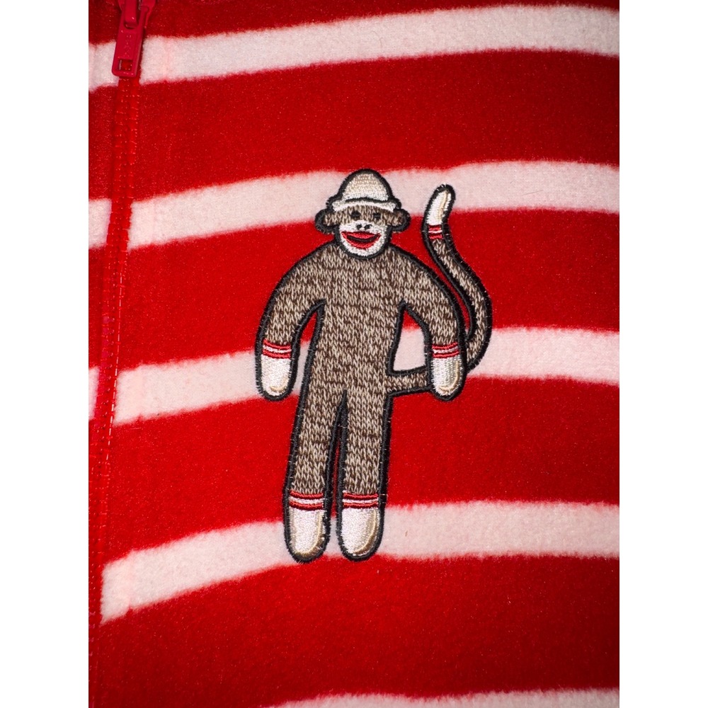 Nick & Nora Sock Monkey Footed One Piece Pajamas Small Red White Striped Fleece - Picture 5 of 7